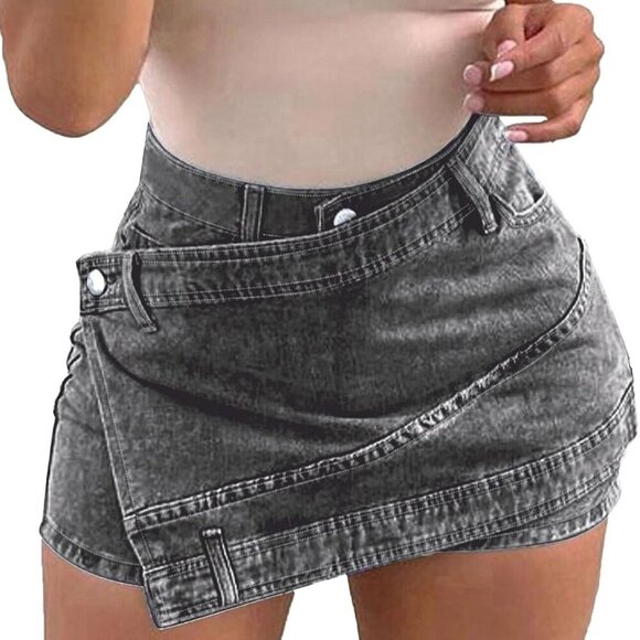 Women Denim Mini Skirt Jean Skort Sexy High Waisted Asymmetrical Stretch Short S - Picture 4 of 5